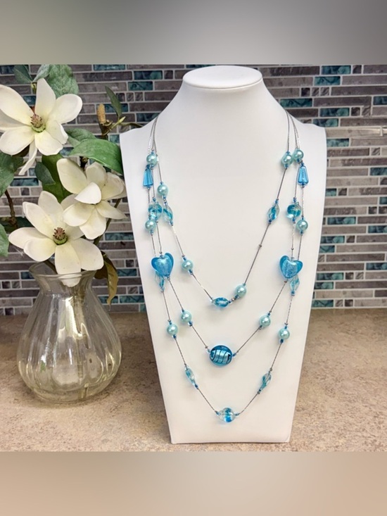 Hand Crafted Jewelry - Ocean Blue and Silver tone multi-strand necklace